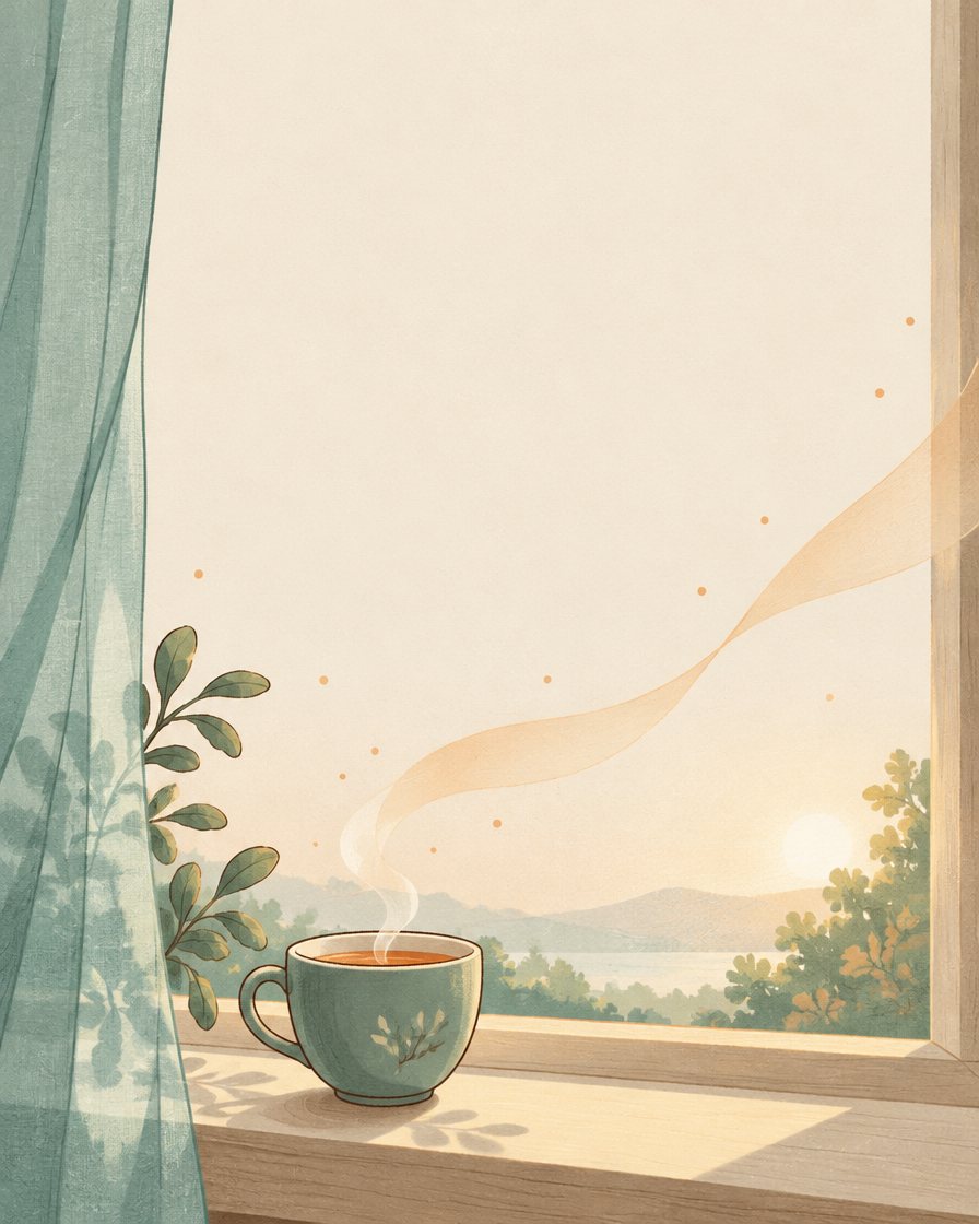 Morning window seat with a tea cup and a sage-teal curve rising across the room